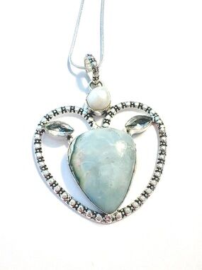 2 1/2 inch, 925 marked, Owhyee Opal, White Topaz and Pearl pendant on chain .